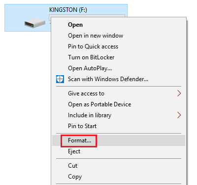 Right click on the USB drive and select Format