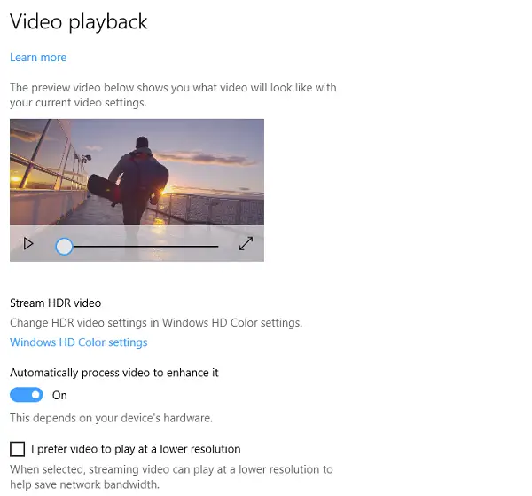 Video Playback Settings Windows 10