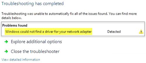 Windows could not find a driver for your Network Adapter