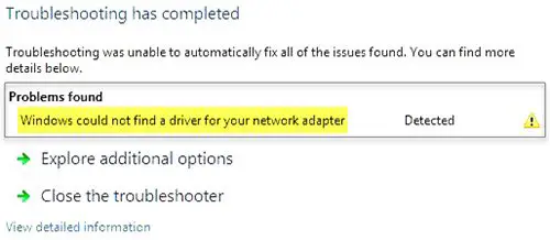 Windows could not find a driver for your network adapter