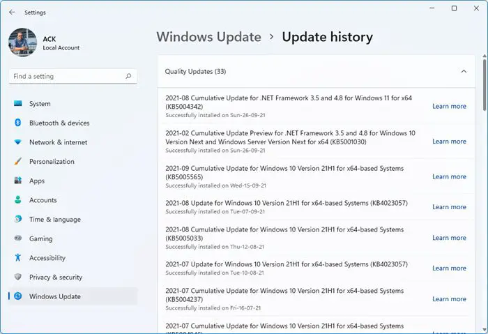 where is update history windows 11