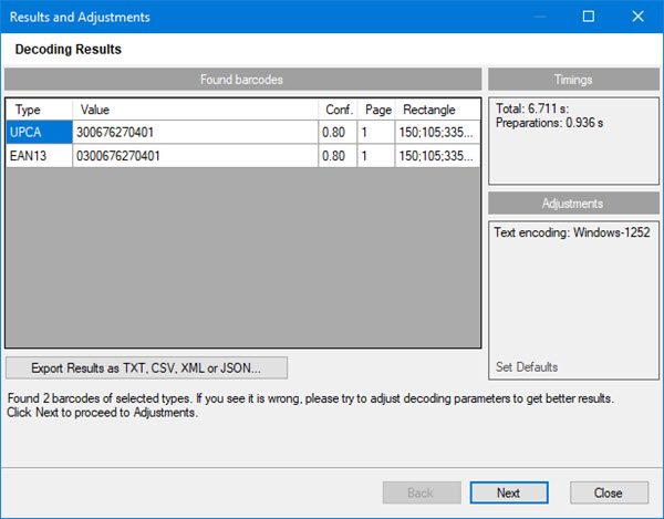 Barcode Reader Results