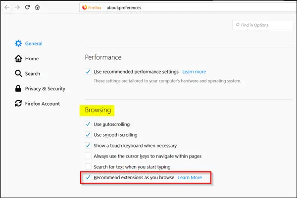 disable Extension Recommendations in Firefox
