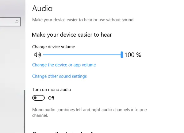 Mono Audio Ease of Access Settings Windows