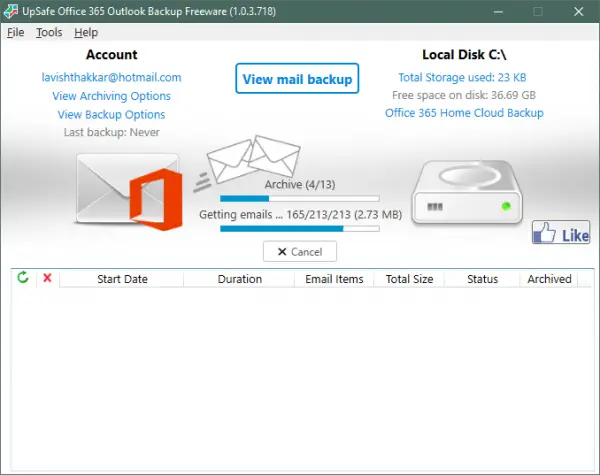 UpSafe Office 365 Outlook Backup Freeware