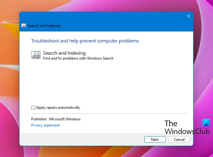 Windows Search and Indexing Troubleshooter