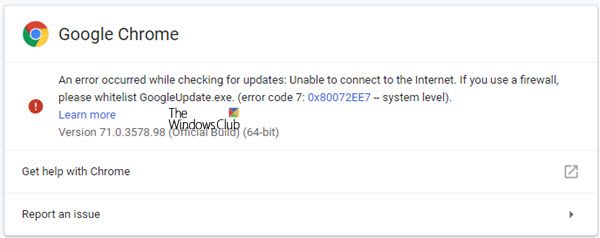 Error code 7, 0x80072EE7 while updating Google Chrome on Windows