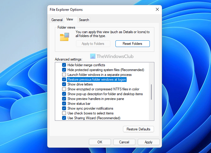 Restore previous folder windows at logon