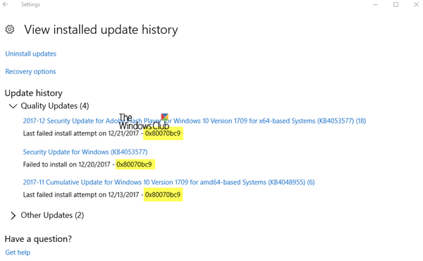 Error de actualización de Windows 0x80070BC9