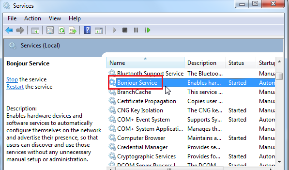 Bonjour service in Service Manager