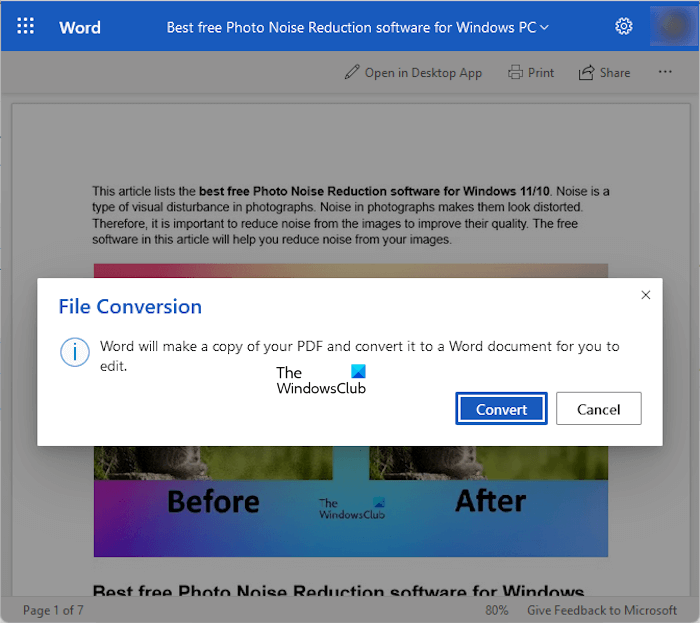 Convert PDF into Word using OneDrive