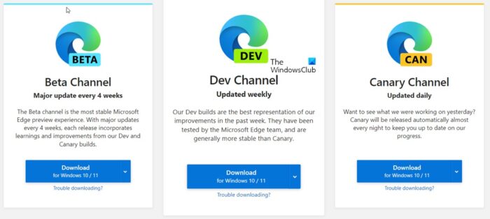Edge or Chrome Stable, Beta, Dev, Canary Release Channels