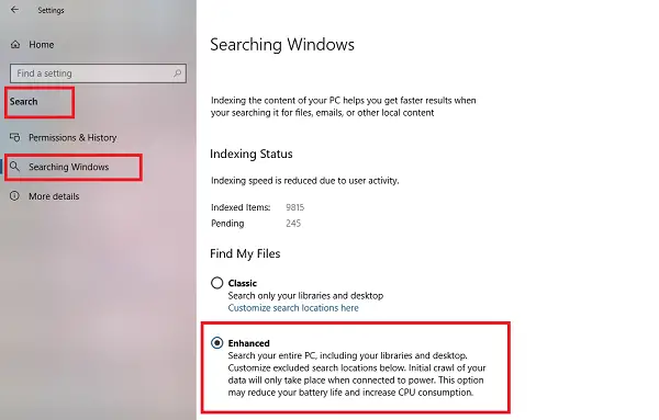 Enable Enhanced Search Mode in Windows 10