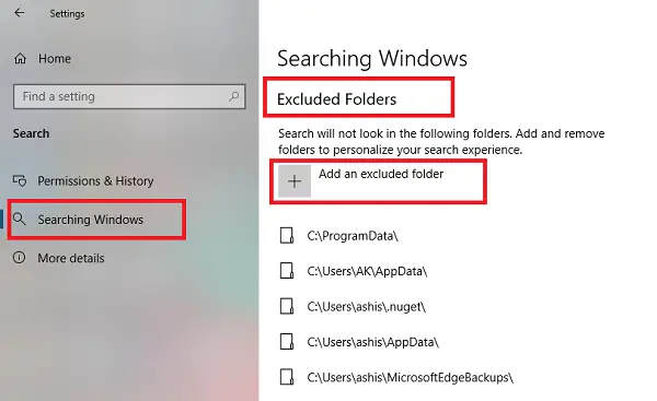 Excluded Folder in Windows 10 Enhanced Search Mode