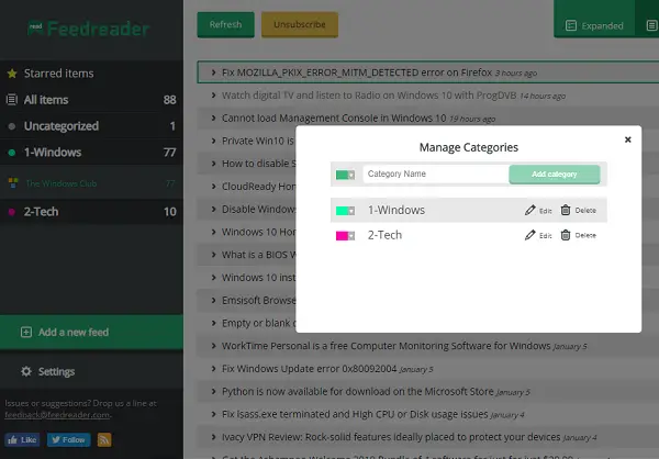 Feedreader Sort Categories