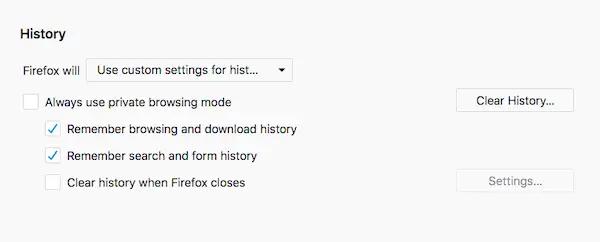 Firefox History Settings for Forms