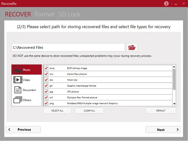 Select types of file to recover from storage device