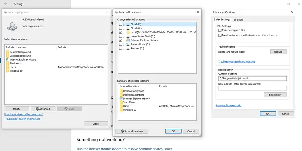 Search Indexer settings in Windows 10