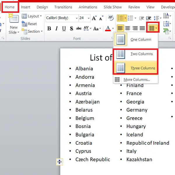 select columns in powerpoint