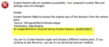 An unspecified error occurred during System Restore (0x800700b7)