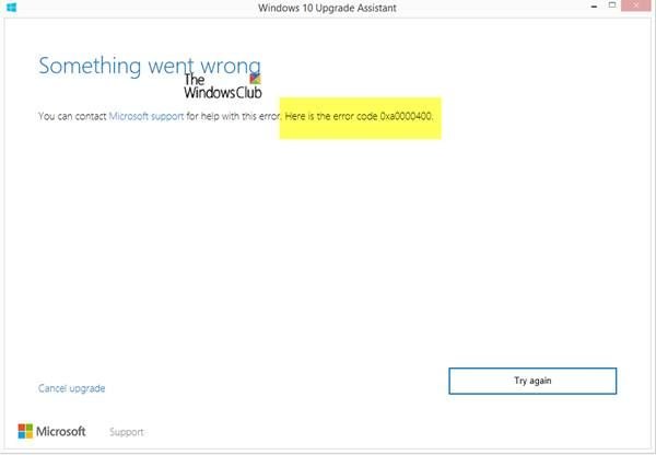 Windows 10 Upgrade error 0xa0000400