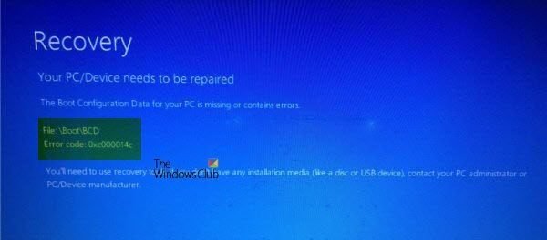 0xc000014C error attempting to read the Boot Configuration Data
