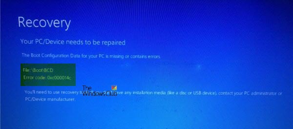0xc000014C error attempting to read the Boot Configuration Data