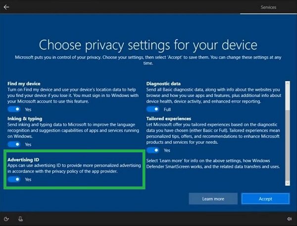 Turn off Advertising ID to disable Targeted Ads in Windows 10