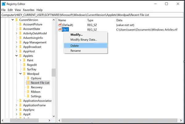 delete recent documents in WordPad