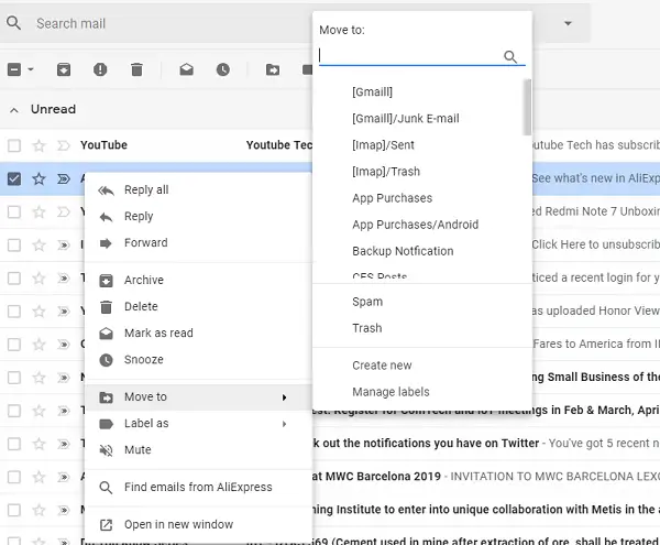 Gmail right-click Action menus