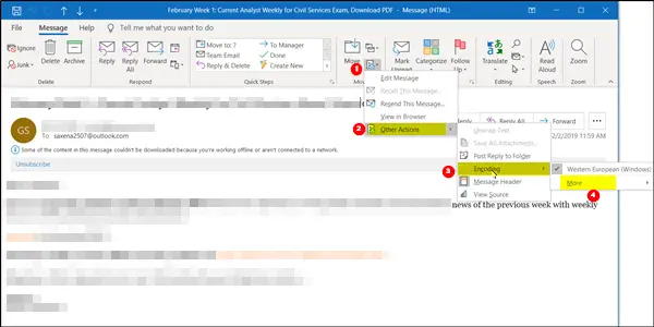 How to change Character Encoding in Outlook