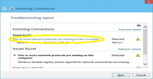 One or more Network Protocols are missing on this computer