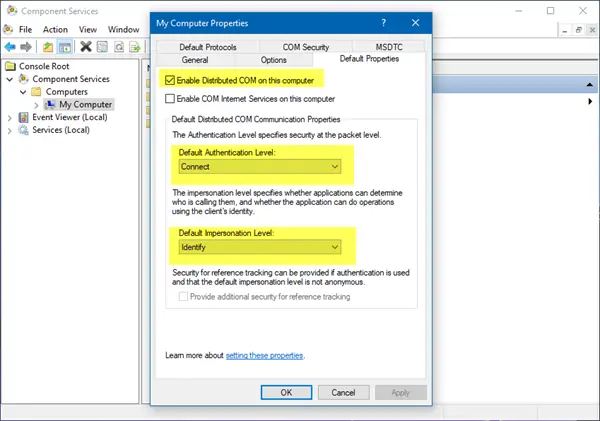 reset dcom permissions to default windows 10