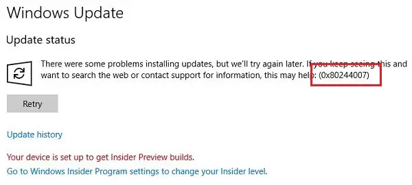 Windows Update Error 0x80244007
