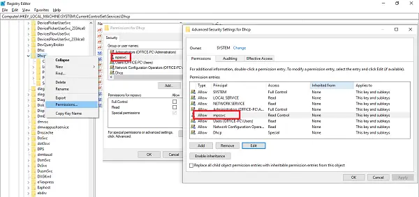 DHCP Client Service gives Access Denied