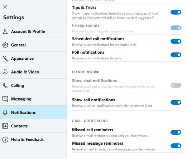 Disable Missed call reminders & Missed Message Reminders alerts in Skype