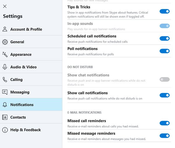 Disable Missed call reminders & Missed Message Reminders alerts in Skype