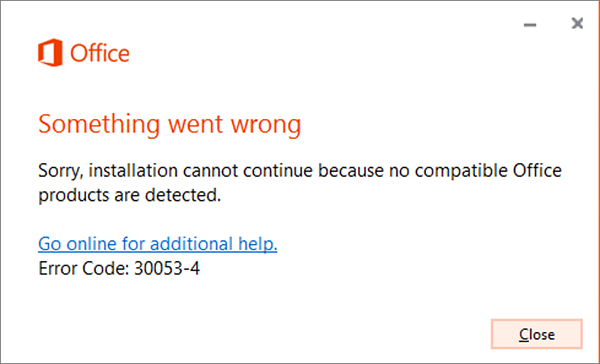 Error code 30053-4 or 30053-39 when installing a language pack in Office