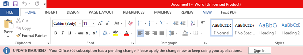 “Account Notice” appears in Office after switching Office 365 plans