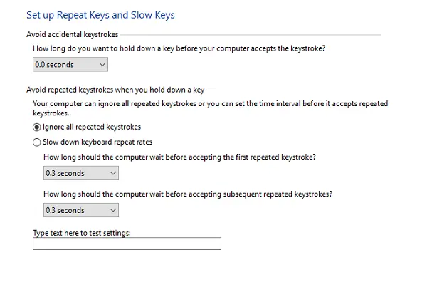 Setup Repeat keys or slow keys