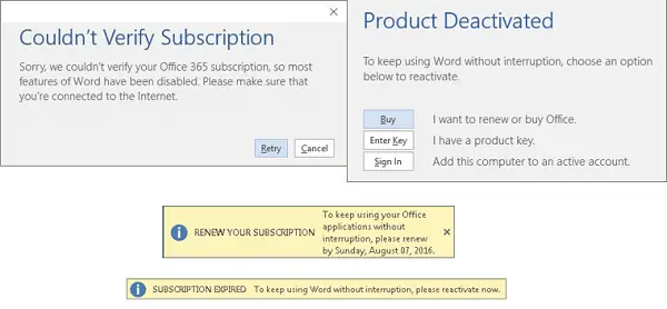 A subscription notice appears when I open an Office 365 application