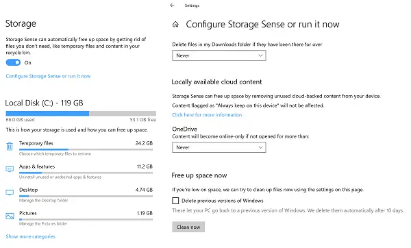 Storage Settings in Windows 10 19H1