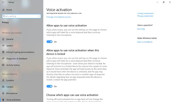 Voice Activation Settings in Windows 10