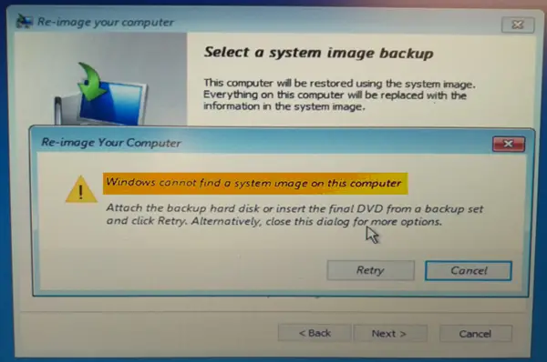 Windows cannot find a system image on this computer