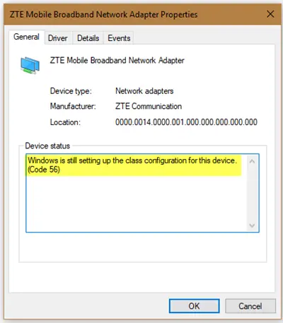 Windows is still setting up the class configuration for this device