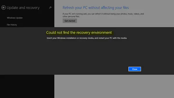 Could not find the Recovery Environment
