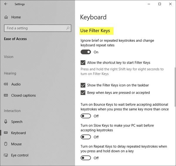 filter keys windows 10