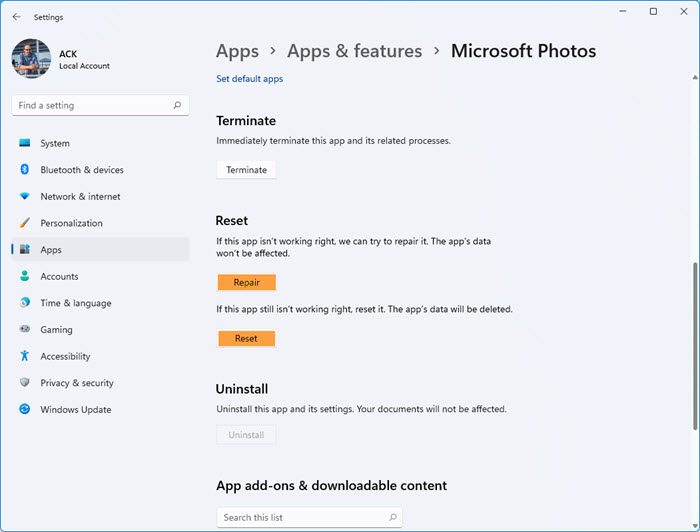 reset photos app windows 11