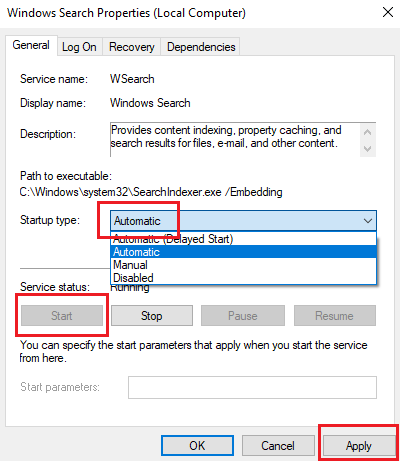Change service type of Windows Serach