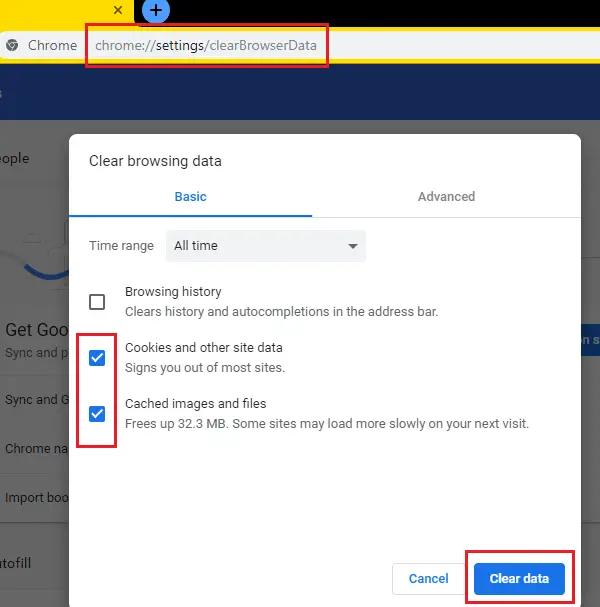 Cookies and other site data and Cache images and files, and select Clear data